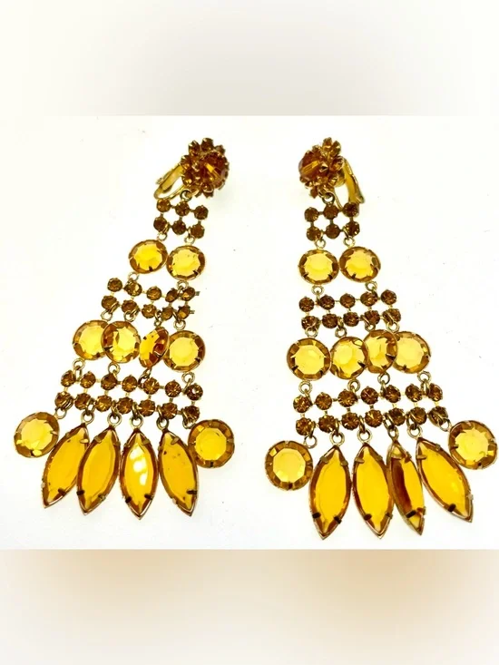 Vintage Amber Rhinestone Chandelier Earrings Gold Tone Statement Clip On - Picture 6 of 6